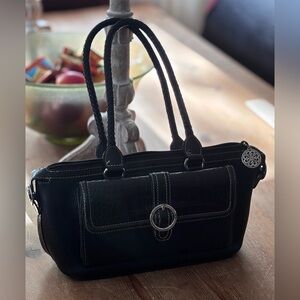 Vintage Brighton Black Leather Bag Braided Handles Croc Embossed Silver Hardware
